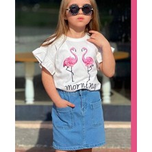 Cg Kids Flamingo Baskılı ve Tül Detaylı Alt Ön Cep Kot Etek Kız Çocuk Alt Üst Takım