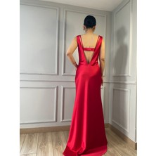 Solistoes Kırmızı Saten Degaje Yaka Saten Elbise