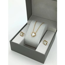 2'li Çelik Çift Taraflı Sedefli Yonca Kolye Set Van Cleef Model Kolye Küpe Set