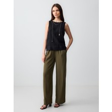 Jimmy Key  Haki Rahat Kesim Yüksek Bel Bol Paça Uzun Keten Pantolon