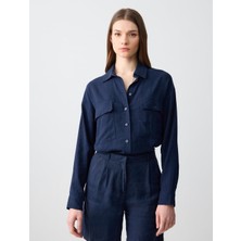 Jimmy Key  Lacivert Düz Kesim Uzun Kollu Cep Detaylı Dokuma Keten Gömlek