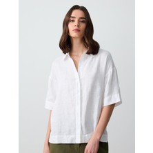 Jimmy Key  Beyaz Düz Kesim Kısa Kollu Dokuma Keten Gömlek