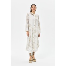 Saf Keten Desenli Tunik  Bej