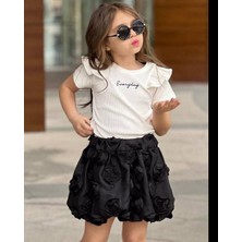 Cg Kids Everyday Baskılı Fırfır Kol Deyaylı Fitilli Basic Gül Işlemeli Siyah Balon Etek Kız Çocuk Alt Üst Takım