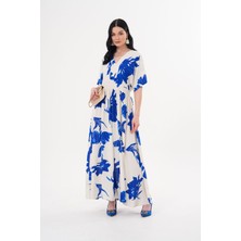 V Yaka Çiçek Desenli Yırtmaçlı Viskon Elbise