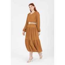 Uzun Kollu Kemerli Keten Elbise