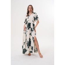 V Yaka Çiçek Desenli Yırtmaçlı Viskon Elbise