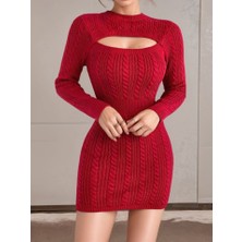 Hobidünyasıelif Kadın Uzun Kollu Yarı Balıkçı Yaka Pencere Göğüs Detay Mini Triko Elbise