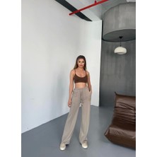 Hobidünyasıelif Osy Modal Yumuşak Dokulu Kumaş Nakış Işlemeli Rahat Bol Paça Eşofman Pantalon - Bej