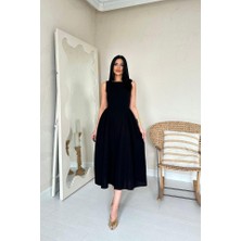 Hobidünyasıelif Siyah Yanları Büzgülü Midi Boy Keten Elbise