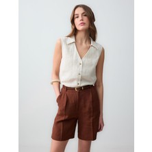 Jimmy Key Acı Kahve Düz Kesim Yüksek Bel Bol Paça Dokuma Keten Şort