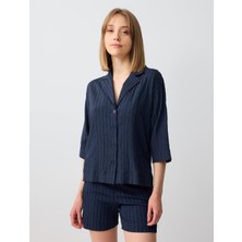 Jimmy Key Lacivert Yüksek Bel Normal Paça Desenli Keten Şort