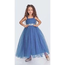 Sırt Gipeli Tütü Etek Kız Çocuk Saten Parti Abiye Elbise MNK0340 Indigo