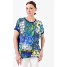 Desen Triko Kadın Sıfır Yaka Önü Desenli Penye T-Shirt 23712 Saks