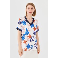 Desen Triko Kadın V Yaka Renkli Desenli Penye T-Shirt Lacivert