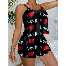 Aşk Temalı Kalp Desenli Siyah Saten Şortlu Gecelik Takım