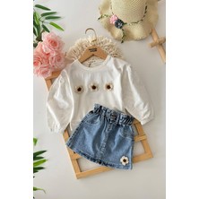 Minigimin Cicileri Örgü Papatya Desenli Kot Etekli Kız Çocuk 2 li takım - Krem