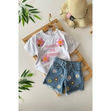 Miniğimin Cicileri Papatya Panç Işlemeli Kız Çocuk Kot şortlu takım - Mavi