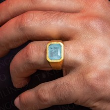 925 Ayar Gümüş Altın Kaplama Mavi Paraiba Taşlı Sade Erkek Yüzük