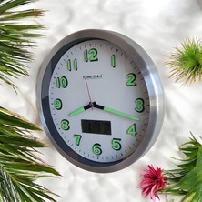Fosforlu 3D Kabartma Rakam Termometreli Isı Ölçer Dijitalli Duvar Saati Metal 30  cm