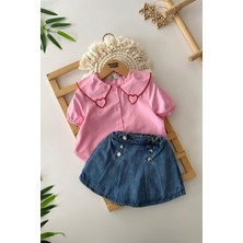 Miniğimin Cicileri Bb Kalp Yaka Nakış Detaylı Kız Çocuk Kot Şort Etekli kız çocuk takım  - Açık Pembe