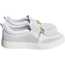 Beyaz Hakiki Deri Taşlı Toka Detaylı Ultra Hafif Sneaker