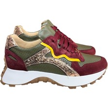 Yeşil Hakiki Deri Bordo Garnili Comfort Taban Bağcıklı Sneaker