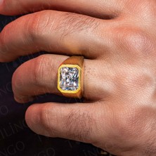 925 Ayar Gümüş Altın Kaplama Beyaz Zirkon Taşlı Sade Erkek Yüzük