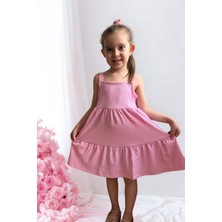 Lupinn Moda Kız Çocuk Pembe Askılı Yazlık Pamuklu Volanlı Elbise