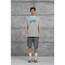 Nomarc Krem Y269 Baskılı ve Çizgili Oversize Tshirt