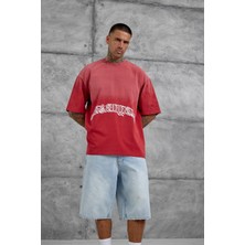 Nomarc Kırmızı Işaretli Yazı Baskılı Yıkamalı Oversize Tshirt