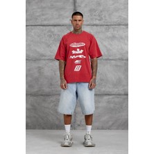 Nomarc Kırmızı Lesschen Baskılı Yıkamalı Oversize Tshirt