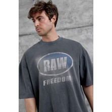 Nomarc Füme Raw Yazılı Yıkamalı Oversize Tshirt