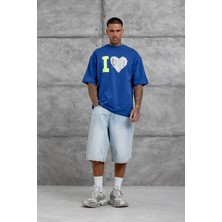 Nomarc Lacivert Kalp Küpür Baskılı Oversize Tshirt