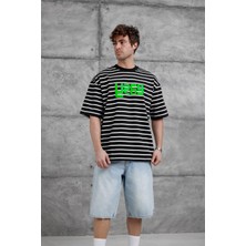 Nomarc Siyah Y269 Baskılı ve Çizgili Oversize Tshirt