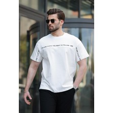 Beyaz Bisiklet Yaka Baskılı Basic Tişört E7156