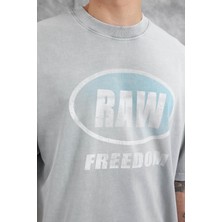 Nomarc Gri Raw Yazılı Yıkamalı Oversize Tshirt