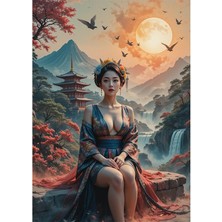 Bedeko Dolunay ve Geleneksel Kıyafetli Japon Kadın Mdf Tablo