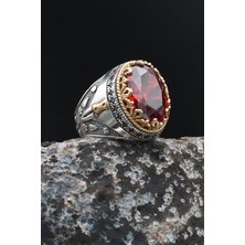 925 Ayar Gümüş Kırmızı Zirkon Taşlı Zirkon Taş Süslemeli Erkek Yüzüğü 901761