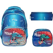 Kabartmalı Timsah Figürlü Pullu 3'Lü Ilkokul Çantası Beslenme Kalemlik Seti 1370