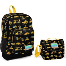 Teknotrust Coral High Siyah Iş Makineleri Baskılı Sırt Çantası Ve Beslenme Çantası Seti