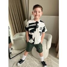 Cg Kids Siyah Desenli Basic Alt Yeşil Kargo Cepli Kot Şort Erkek Çocuk Alt Üst Takım