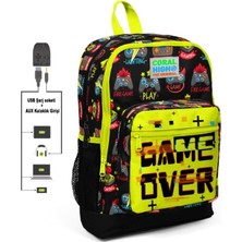Game Over Baskılı Ilkokul Ve Günlük Sırt Çantası - Erkek Çocuk - Usb Ve Aux Soketli