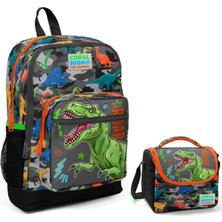 Gri Yeşil Dinazor Okul Sırt Ve Beslenme Çantası Seti