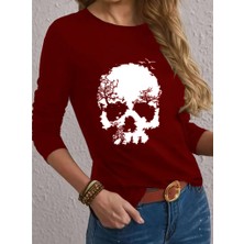 Nidam Butik Kadın Uzun Kollu Bisiklet Yaka Kurukafa Desenli Viskon Bluz