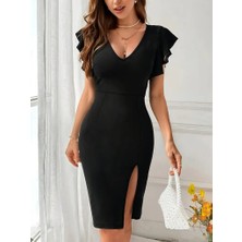 Nidam Butik Kadın Kısa Kollu V Yakalı Kolları Volanlı Yandan Yırtmaçlı Kısa Janjan Krep Elbise