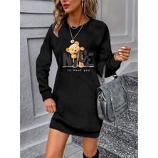 Nidam Butik Kadın Uzun Kollu Bisiklet Yaka Ayı Desenli Viskon Iki Iplik Elbise