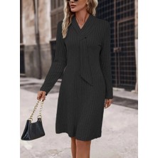 Nidam Butik Kadın Uzun Kollu Çapraz Geçmeli Kravat Yaka Şardonlu Kaşkorse Kısa Elbise