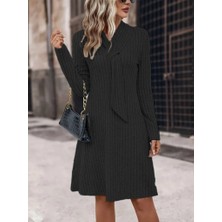 Nidam Butik Kadın Uzun Kollu Çapraz Geçmeli Kravat Yaka Şardonlu Kaşkorse Kısa Elbise