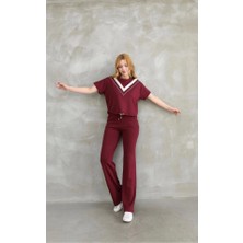 Nidam Butik Osy Modal Yumuşak Dokulu Kumaş Bisiklet Yaka Parçalı Detaylı Kısa Kollu Takım - Bordo